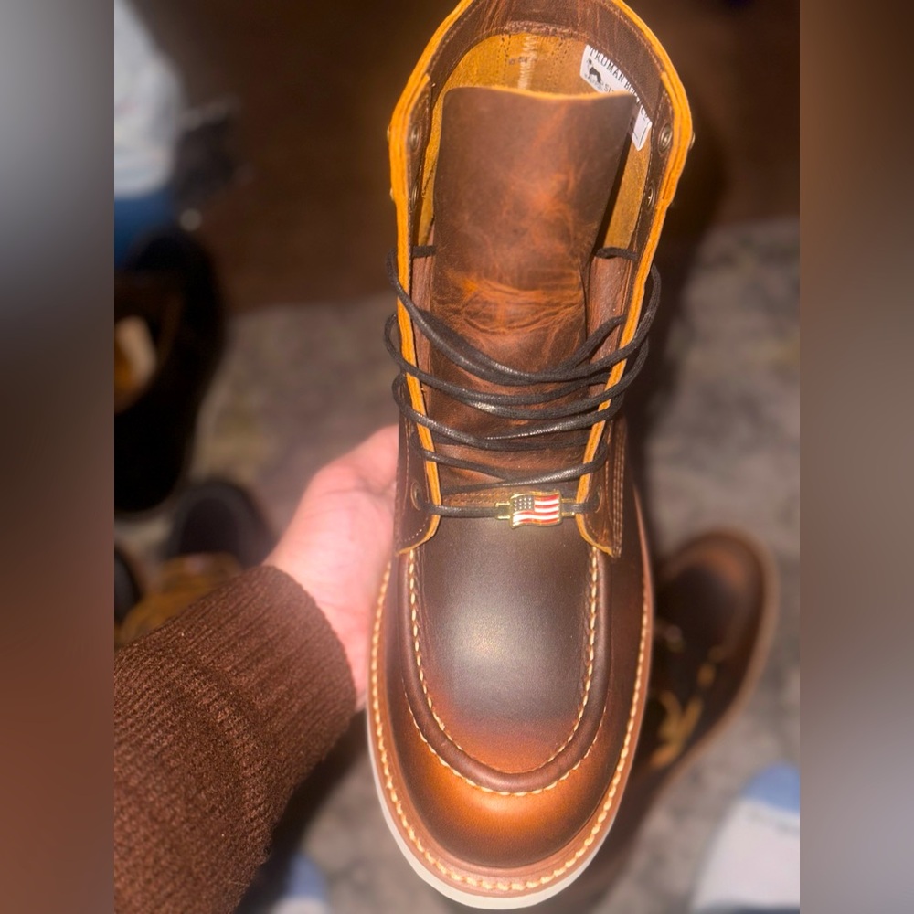 Men's Brown Moc toe Truman bootco, tobacco snakebite leather    Wedge sole.